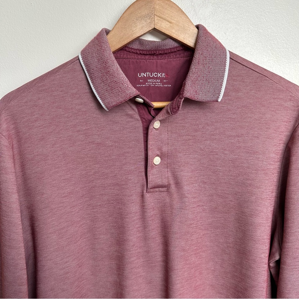 UNTUCKit Mens Beaux Long-Sleeve Tipped Polo Shirt Heathered Red/Pink Size Medium - Picture 2 of 11